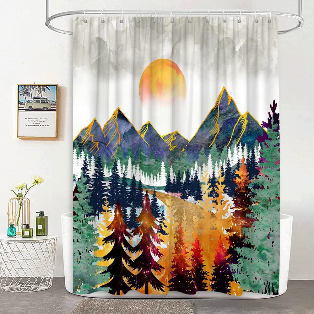 

Mountain Forest Shower Curtain Rustic Pine Tree Landscape Nature Art Sunrise Natural Scenery Country Fabric Bathroom Decor 90x180CM