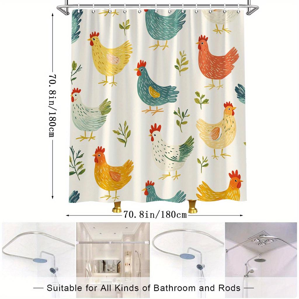 "Whimsical Chickens & Flowers Shower Curtain - Playful Farmhouse Design, Vibrant Cream Background, Waterproof Polyester
