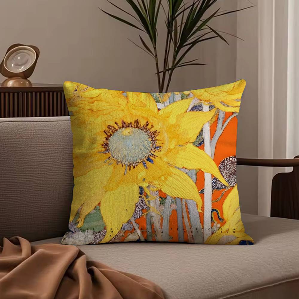 Art sunflower Pillow Case Anti-dustmite Pillowcase Invisible zipper silky short plush Sofa cushion cover
