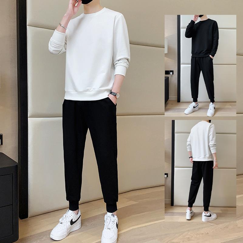 Men's Crewneck Hoodie Sports Suit Autumn and Winter New Fashion Brand Solid Color Casual Pants with a Set