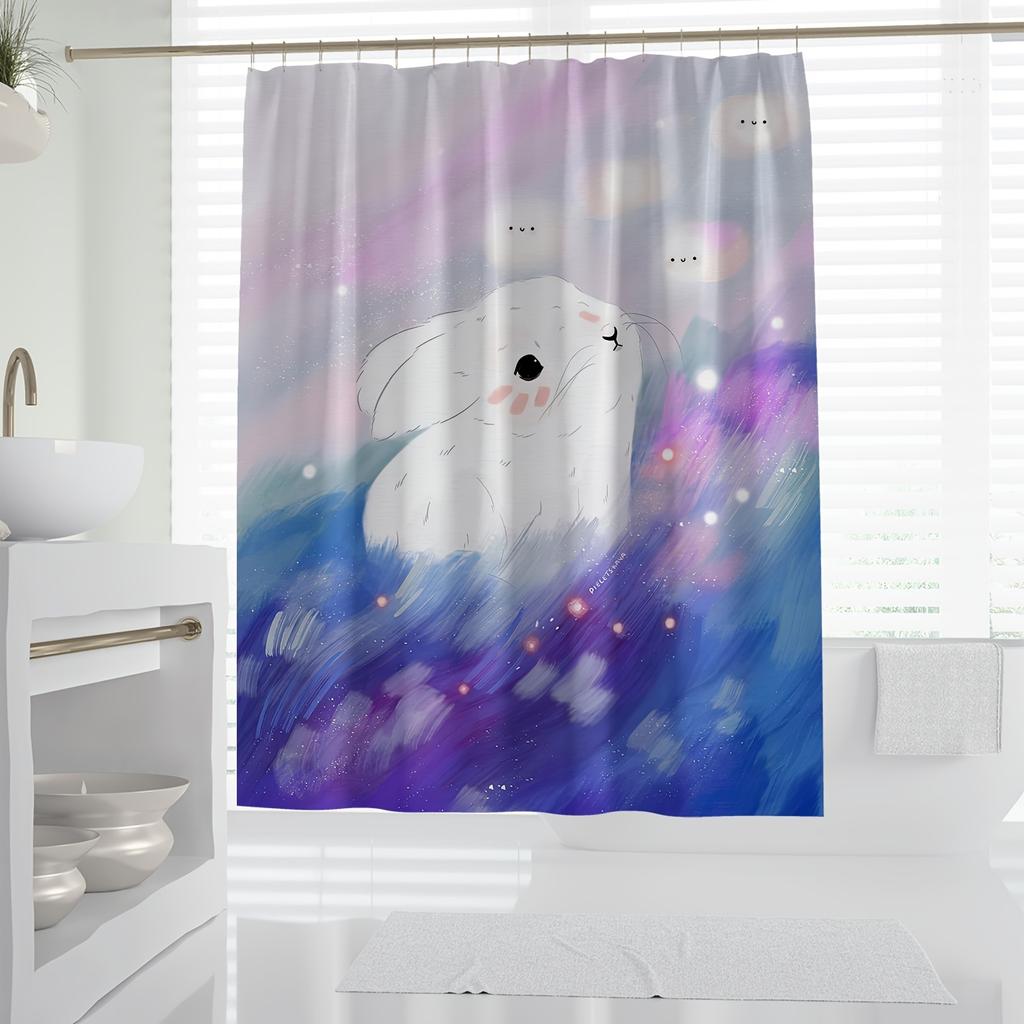 1pc Nordic Modern Minimalist Cute Cartoon Rabbit Kids Digital Print Shower Curtain, Waterproof Polyester Fabric, Bathroom Decor
