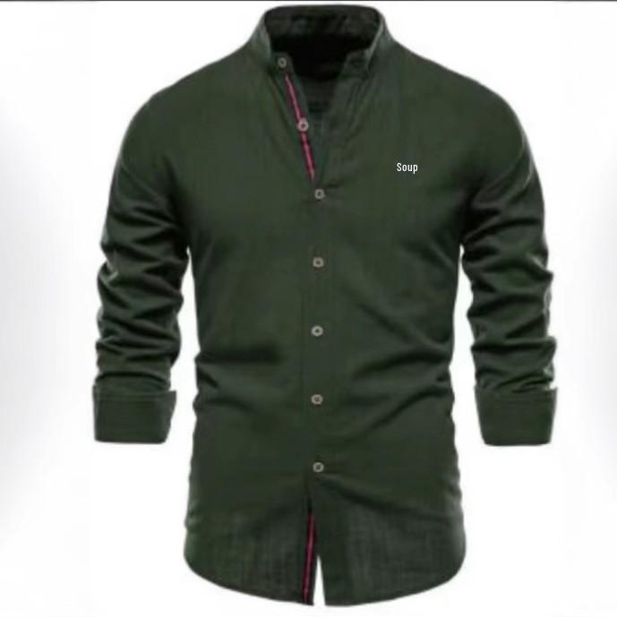 Herren Slim Fit Baumwolle Leinen Langarmhemd - Lässige japanische Mode, Einfarbig, Frühling/Sommer (US-Grösse)