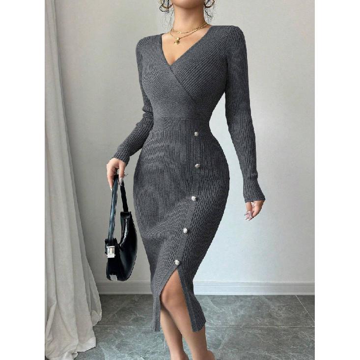 Dámský pletený zavinovací svetr s vysokým pasem, bodycon základní vrstva, spodní prádlo, středně dlouhý, s výstřihem do V, dlouhý rukáv, polyester, podzim zima