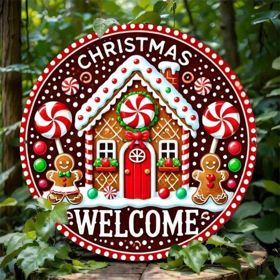 Festive Gingerbread House Metal Wall Sign Christmas Welcome Door Decor Red White Holiday Home
