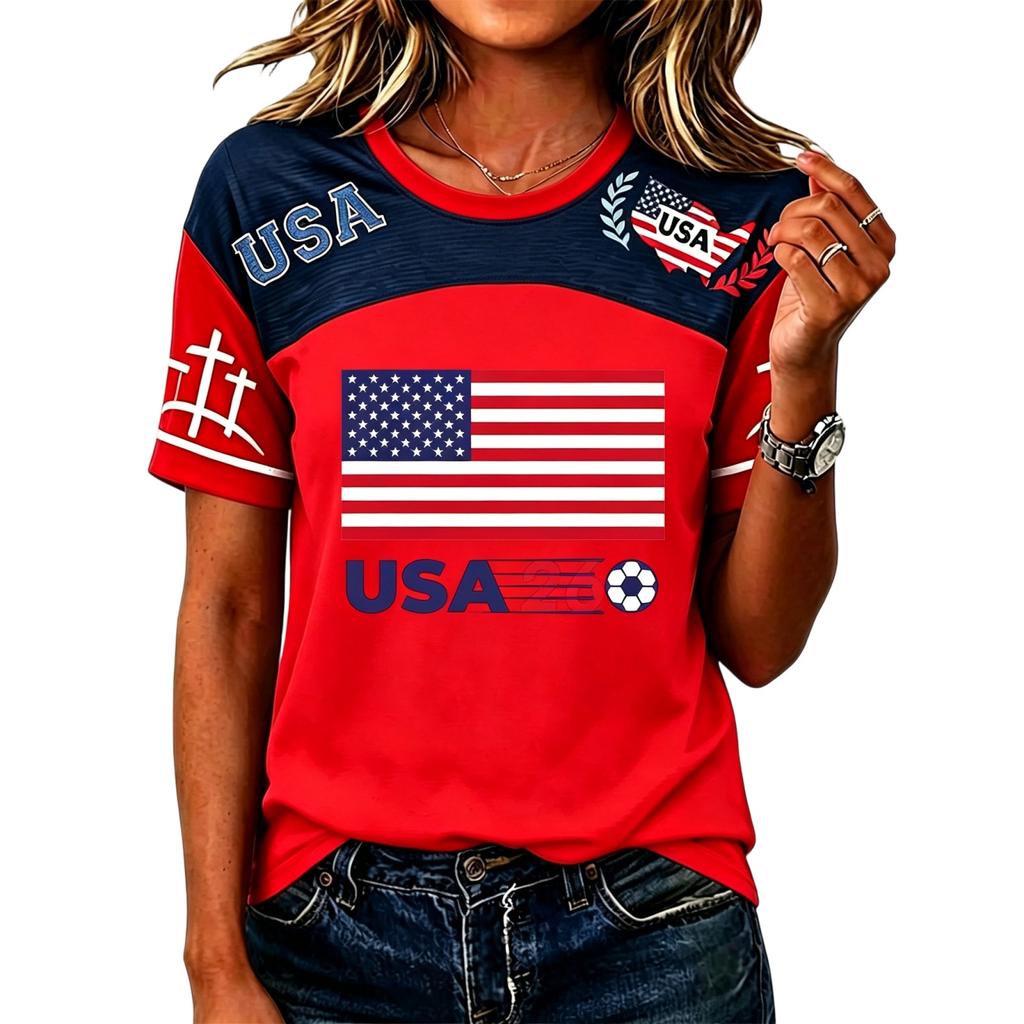 Women's Casual Short Sleeve Pullover T-Shirt Soccer Graphic Print Crew Neck Top Lightweight Comfortable Fit