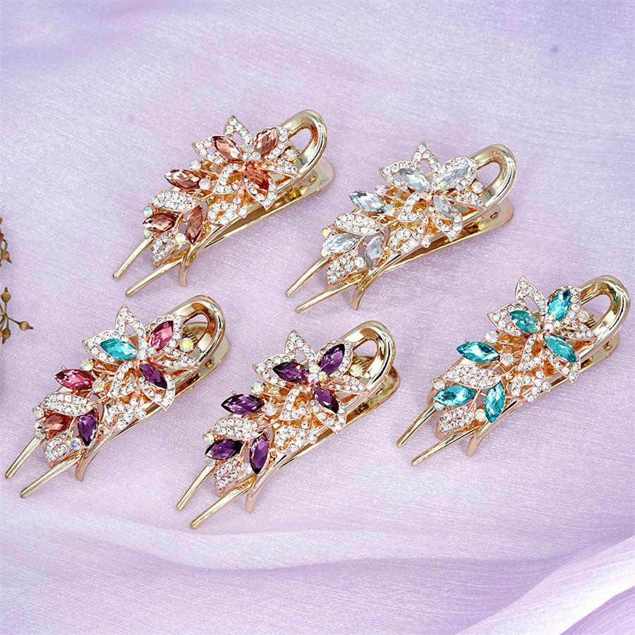 Elegant Crystal Double Flower Hair Claw Hair Grab Duckbill Clip For Women Headdress Hair Accessories Rhinestone Hairpin Headwear