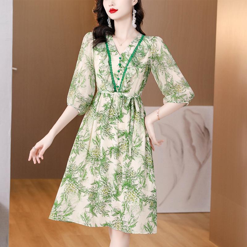 

Женское летнее платье с V-образным вырезом, новое, средней длины, с принтом, темпераментное, зеленые платья XXXL зелёный