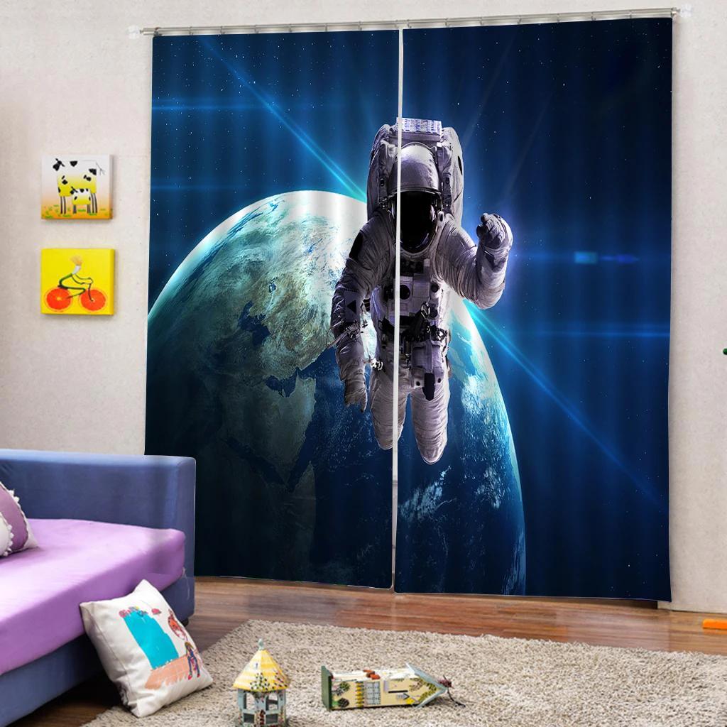 Spaceman Astronaut 3D Printed Thin Curtain for Boys and Girls, Space Galaxy, Cosmonaut, Children's Bedroom Window Curtain
