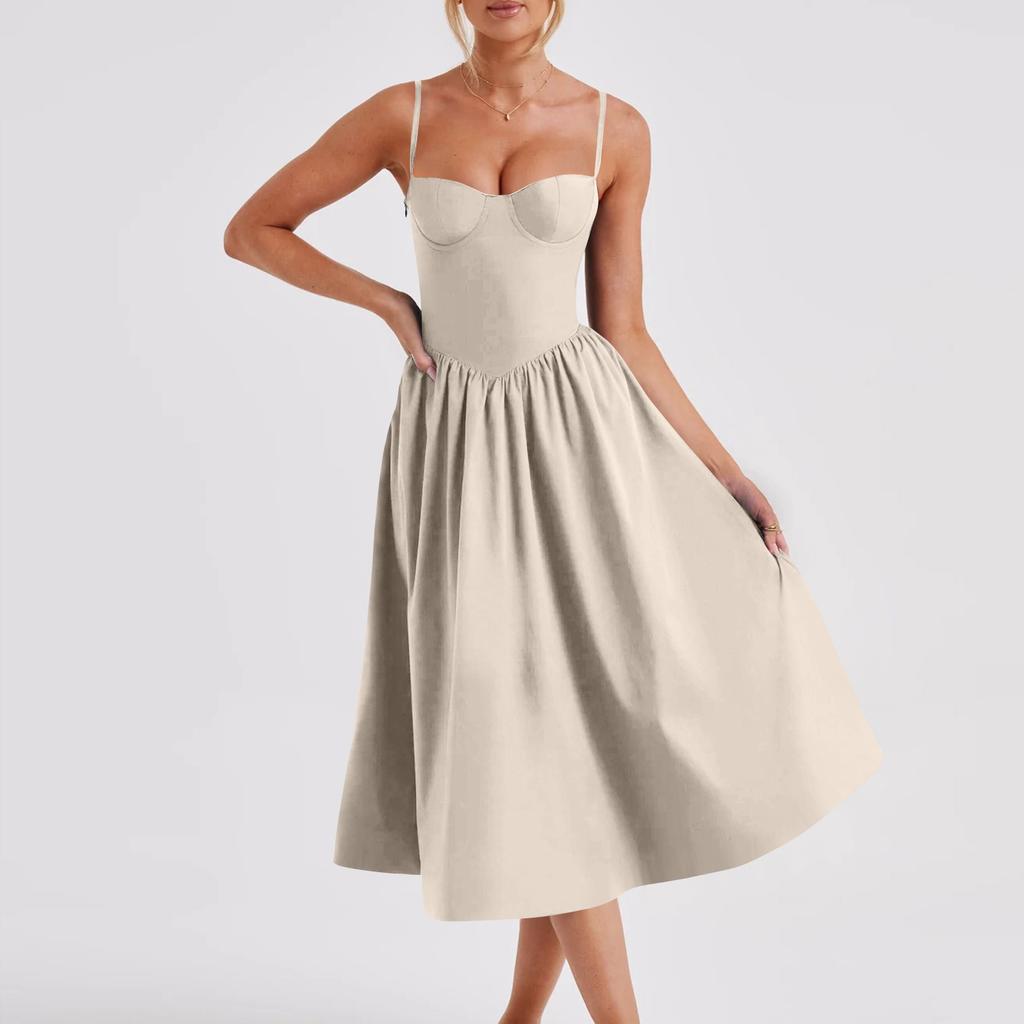 Women's Summer A-Line Midi Dress Sleeveless Spaghetti Strap Slim Fit Waist Casual Dress