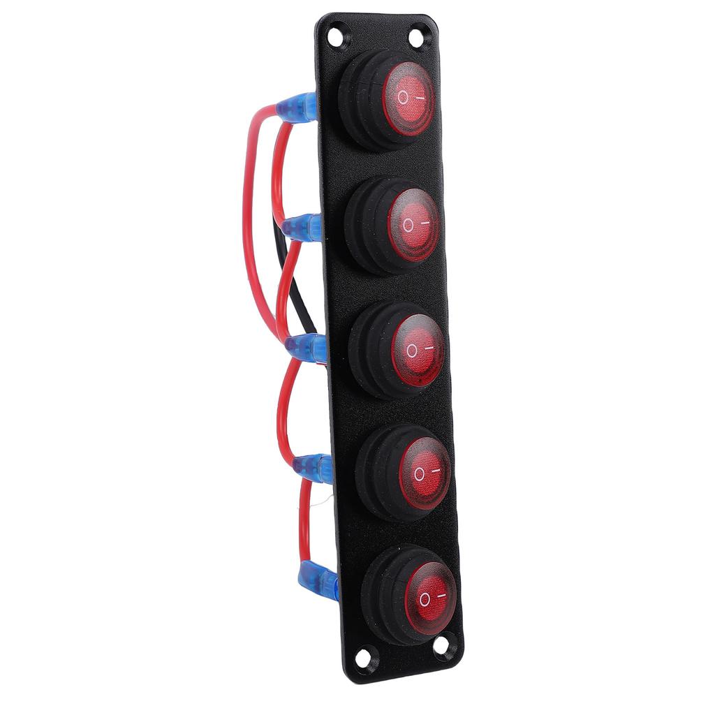 5 Gang Rocker Switch Panel 20A Red Circular On Off Switch Water Proof Aluminum Alloy Panel for Car Boat RV Truck Trailer