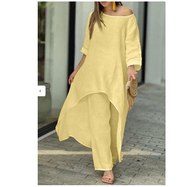 Summer Women Fashion Casual Cotton Linen Suit Irregular Long Sleeve Wide Leg Pants Two-piece Suit Plus Size