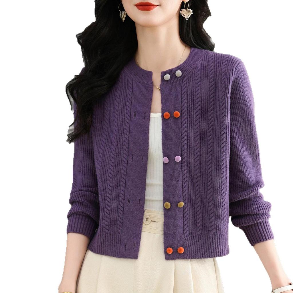 Women's Wool Knit Cardigan - Autumn 2025, Round Neck, Colorful Buttons, Short Sweater Coat
