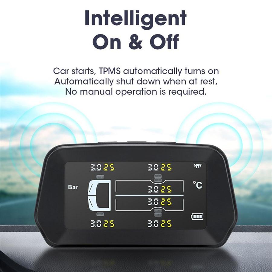 TPMS Car Tire Pressure Monitoring System 13 Bar with Solar Panel, LCD Display and 6 External Sensors, Ble Alarm