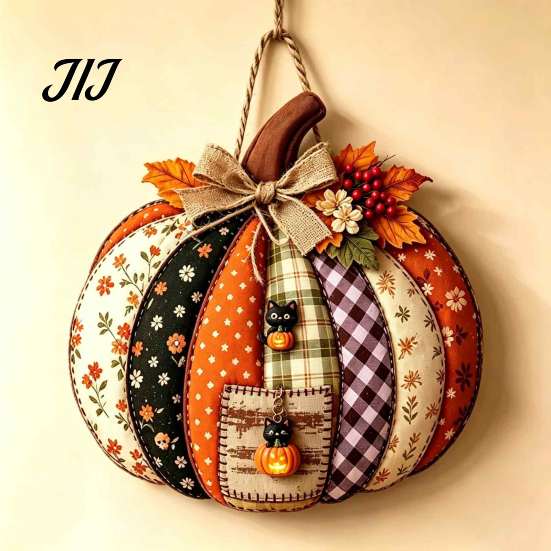 Seasonal Indoor Outdoor Sign Patchwork Pumpkin Wooden Door Hanger, Fall Harvest Halloween Decorative Maple Leaf Wreath with Leaves Berries, Farmhouse