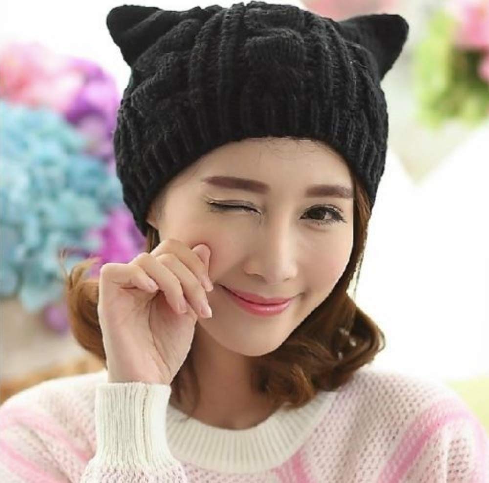 [lunar.maria] Warm Knit Hat with Ears, Beret, Knit Cap for Women, Knitted Beanie (Navy)