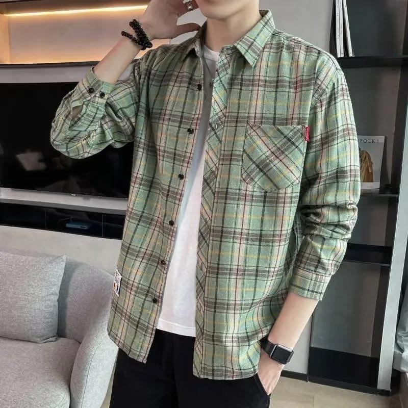 Spring Autumn Men's Long-sleeved Lapel Plaid Shirt Men's Versatile Retro Casual Shirt Blouse Jacket Men's Striped Plaid Shirt