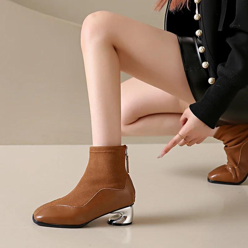 Fashion Square Toe Suede Ankle Boots Back Zipper Suede  Shoes Winter 2024 Trend New Chelsea Boots Party Pumps Banquet Daily Commute