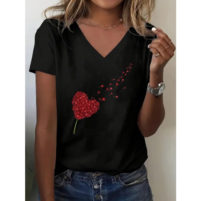 A 'Beautiful and Vibrant' Love Dandelion Printed T-shirt, Women's V-neck Top, Casual and Fashionable, Suitable for Spring and Summer Women's Wear