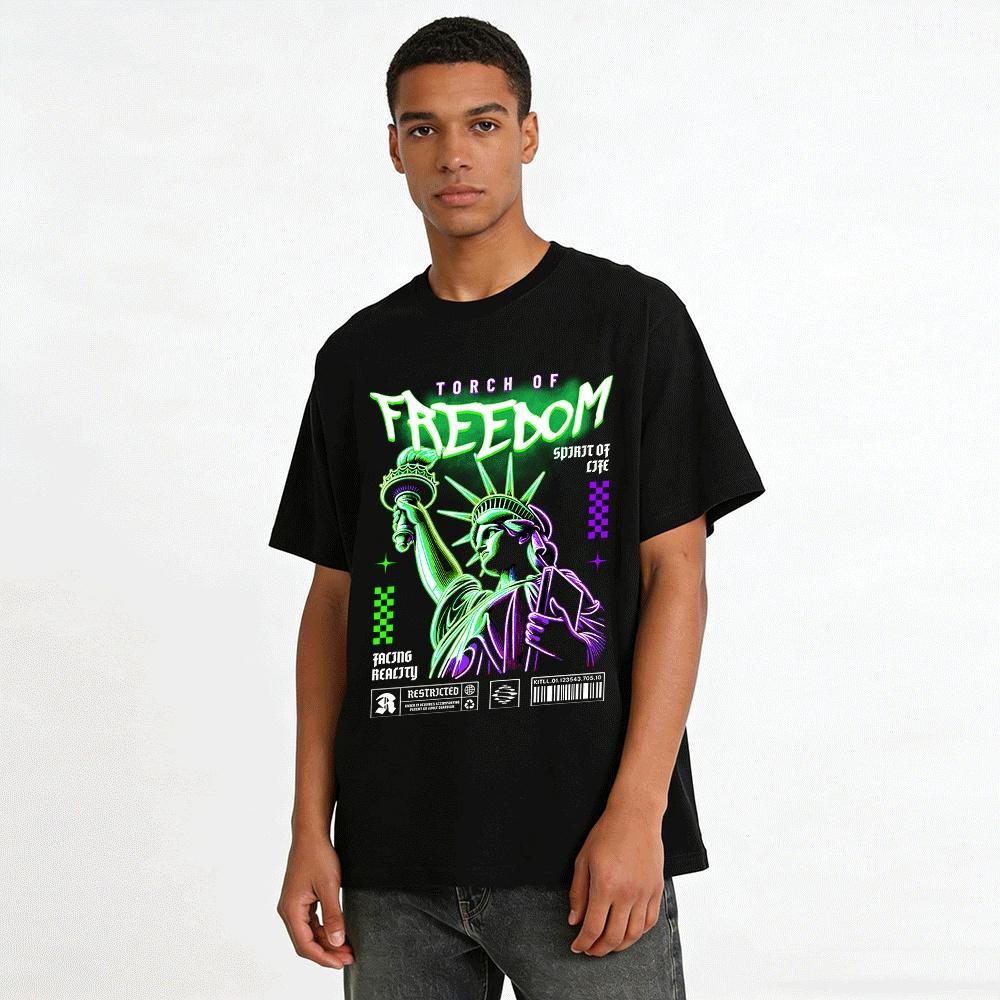 Statue of Liberty Torch of Freedom Graphic Casual Tee Pure Cotton T-shirt