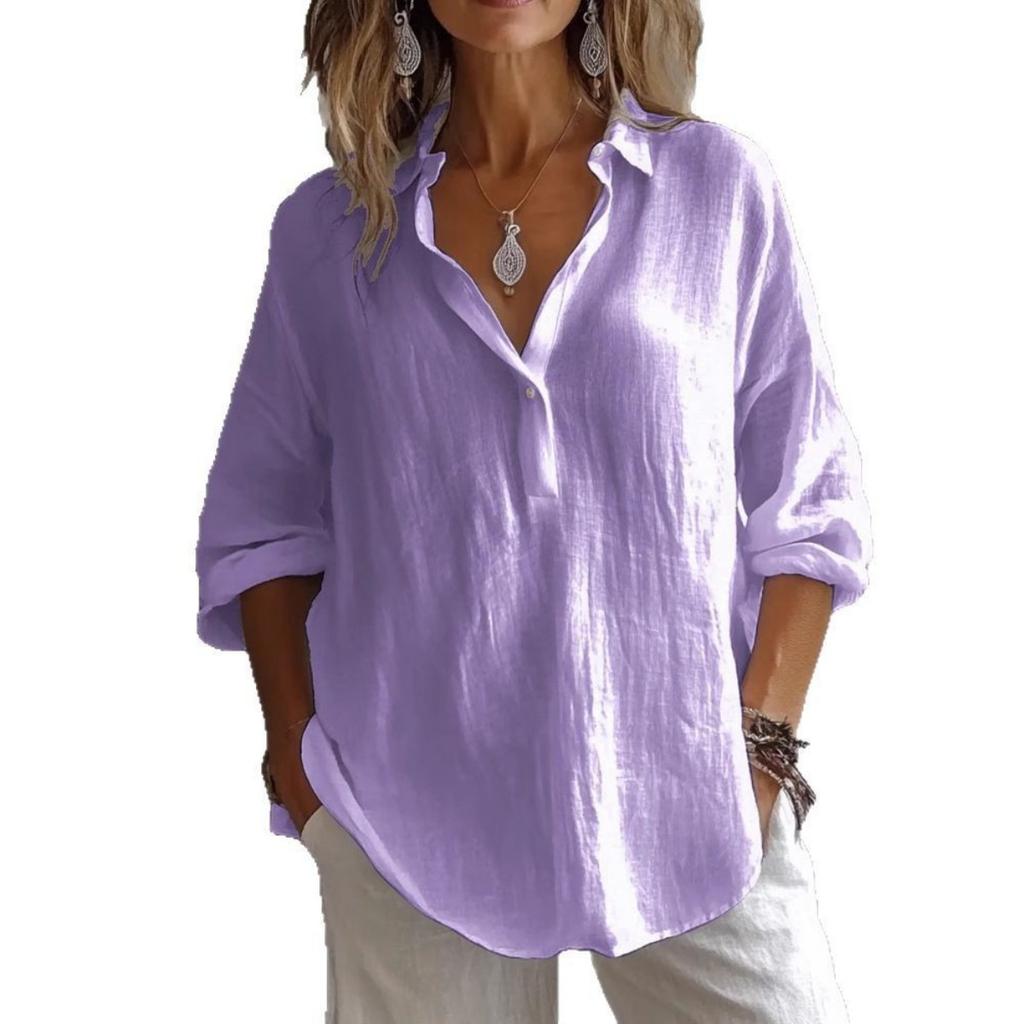Ladies' Lavender Shirt - Classic Collar Non Elastic Button Top, Breathable Long Sleeve for Daily Office and Casual Dress