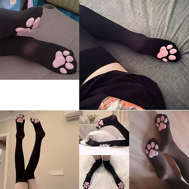 Cute Kawaii Anime 3D Cat Paws Over Knee Socks - Black 65