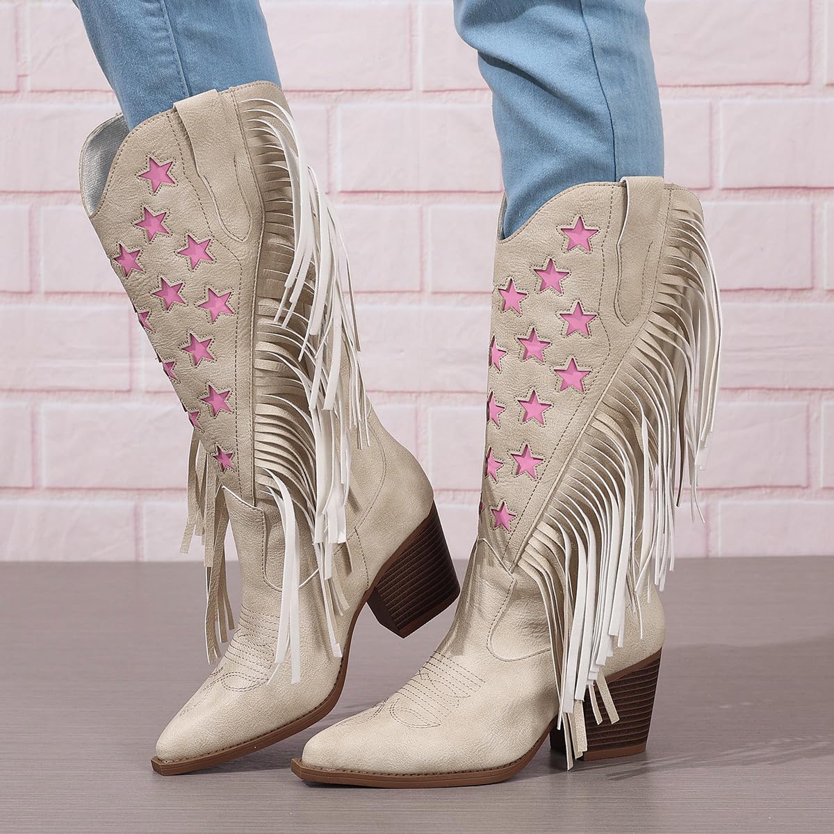 Women Cowboy Boots Mid Calf High Boots With Fringe Wide Calf Riding Cowboy Boots 38 бежевый 4190₽