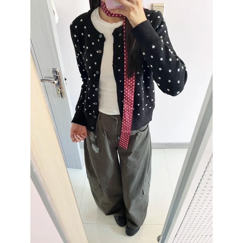 Korean Age-reducing Polka-dot Knitted Cardigan for Women In Spring and Autumn Niche Single-breasted Contrasting Color
