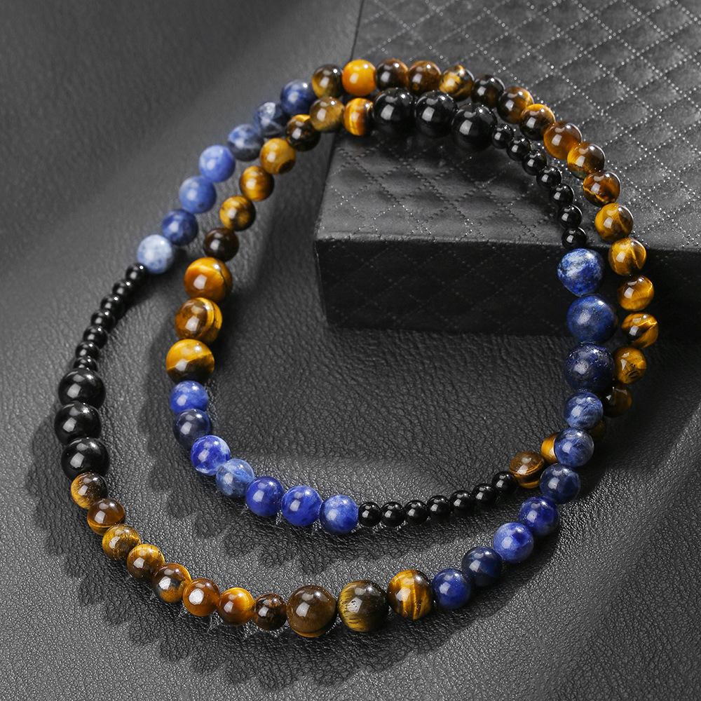 Natural stone necklace, lapis lazuli, tiger's eye stone, bead necklace, bohemian style, irregular jewelry