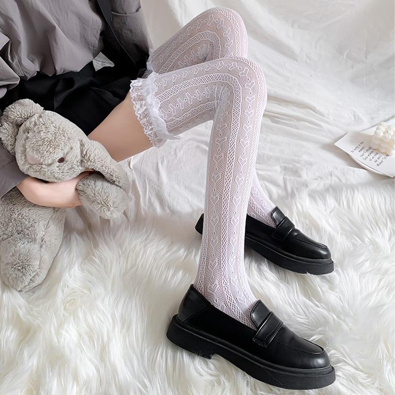 Women Lolita Fishnet Thigh High Socks Japanese Style Heart Striped Lace Patterned Over Knee Long Stocking Jk Girls Cos Stockings