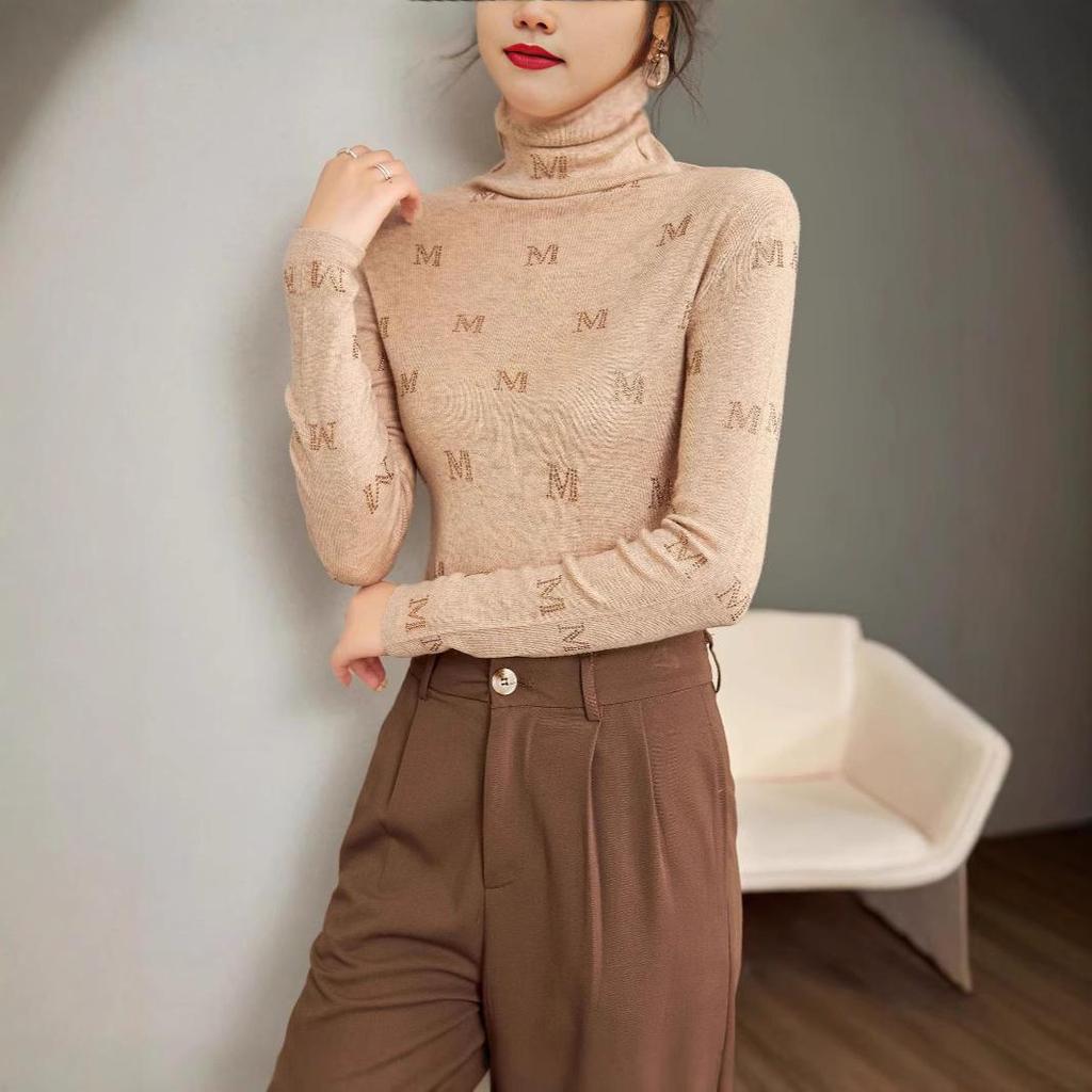 Women's 2024 Autumn/Winter High-Collar Slim-Fit Wool & Silk Sweater with Diamond Pattern