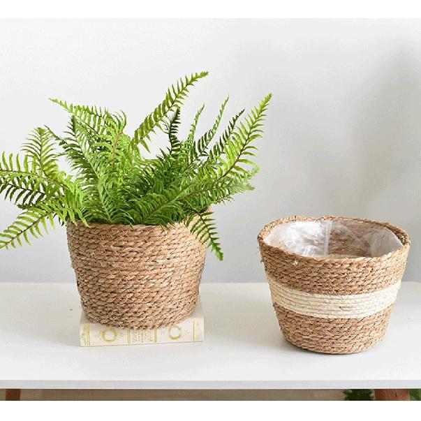 Seagrass Planters, Cover Storage Basket Containers Hand Woven Straw Pot with Plastic Liners for Indoor Outdoor Plant, Flower