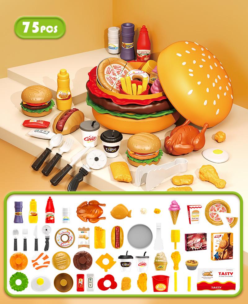 Children's Play Kitchen Hamburger & Veggie Cutting Toy Set