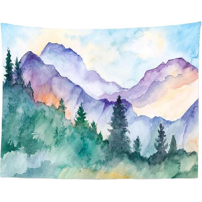 Loccor Watercolor Mountain Tapestry Wall Hanging 80 x60 Natural Scenery Forest Sketch Painting for Bedroom 59.1L x 39.4W