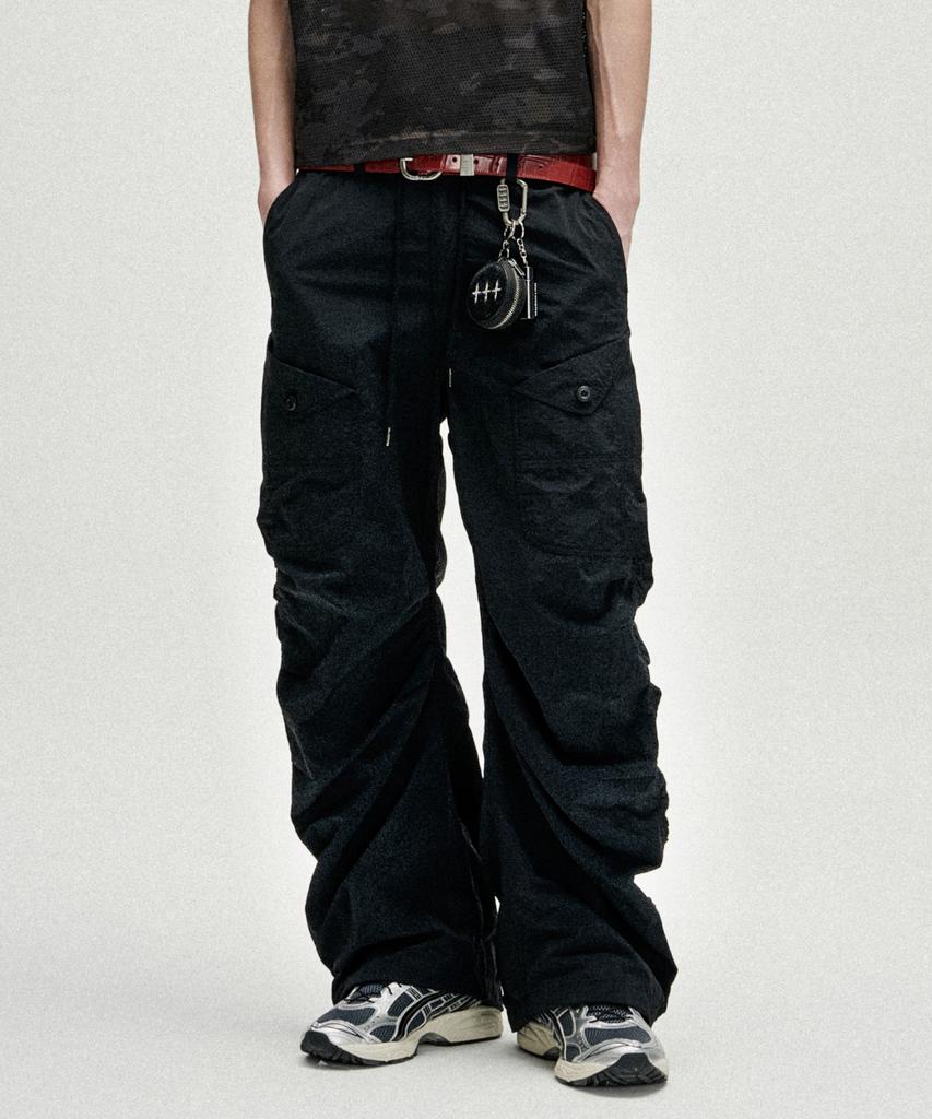 NOT4NERD Shirring Panel Curved Nylon Cargo Pants - Black