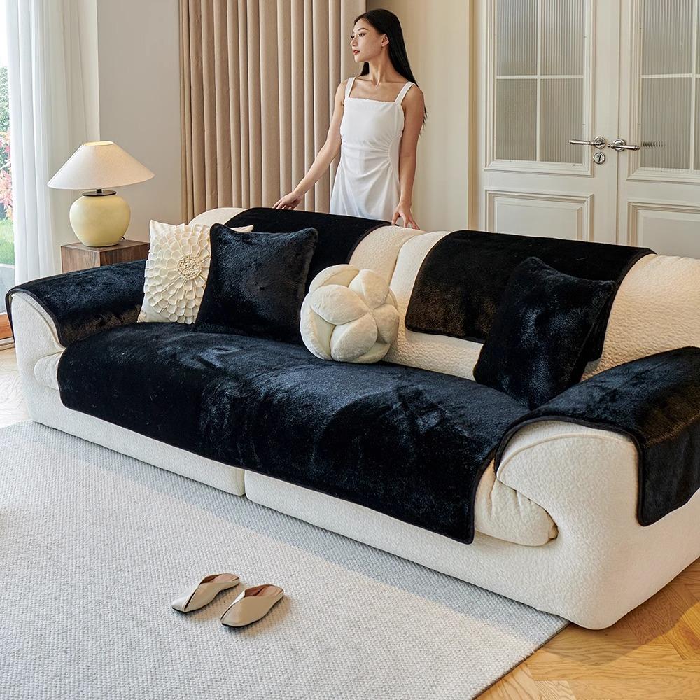 New Imitation Mink Sofa Cushion Light Luxury High Sense Thickened Plush Seat Cushion Winter Non-Slip Leather Sofa Cover
