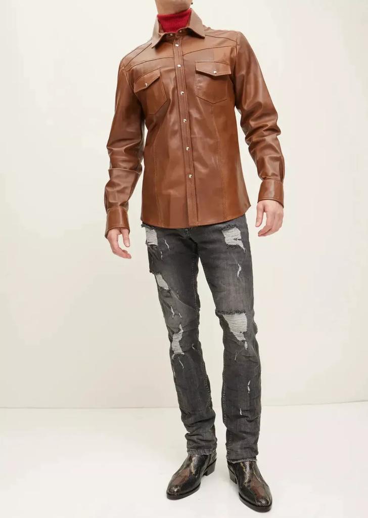 Lambskin Genuine Stylish Casual Men Shirt Tan Handmade Formal Leather