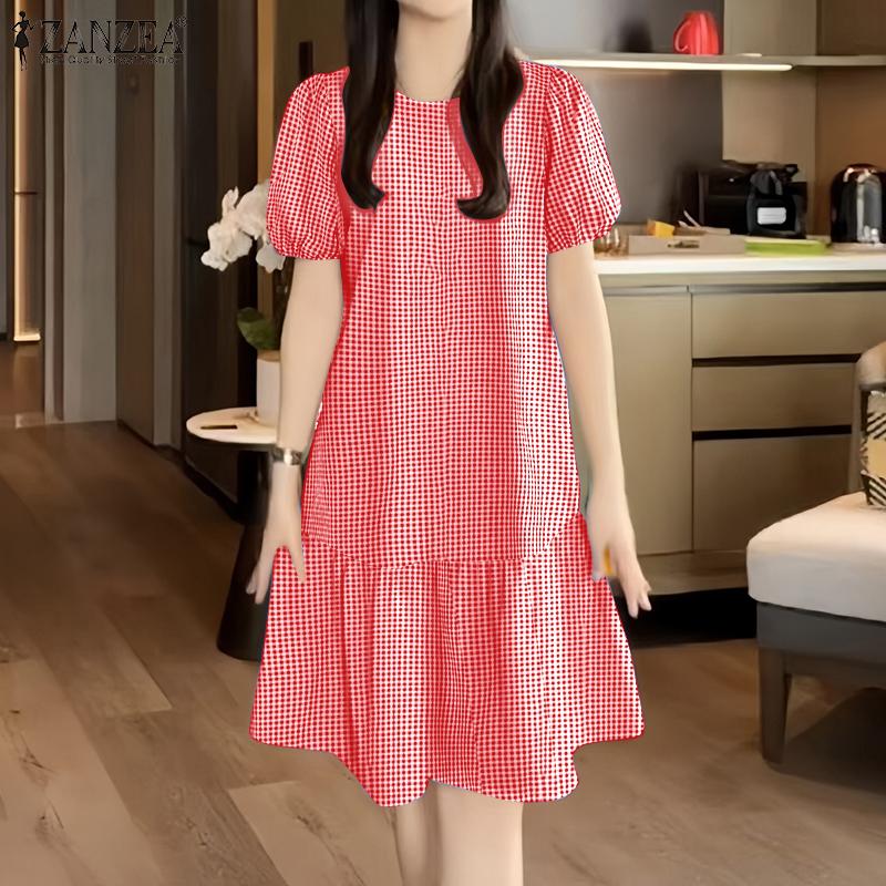 ZANZEA Women Casual Round Neck Grid Print Summer Short Sleeve Dress