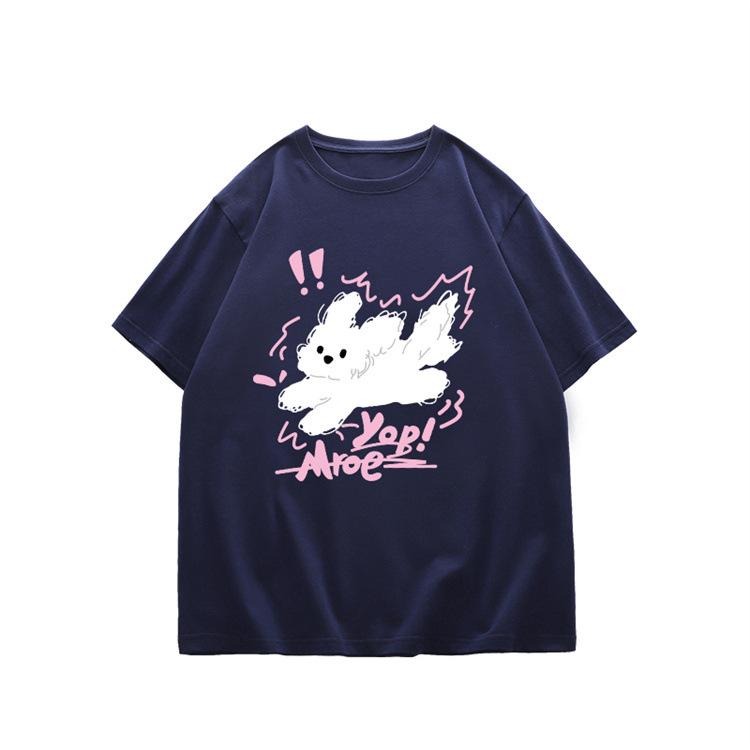 

2025 summer retro t-shirt women s casual loose design sense niche ns contrasting color lazy wind pure cotton printing short sleeves XXXL Темно-синій