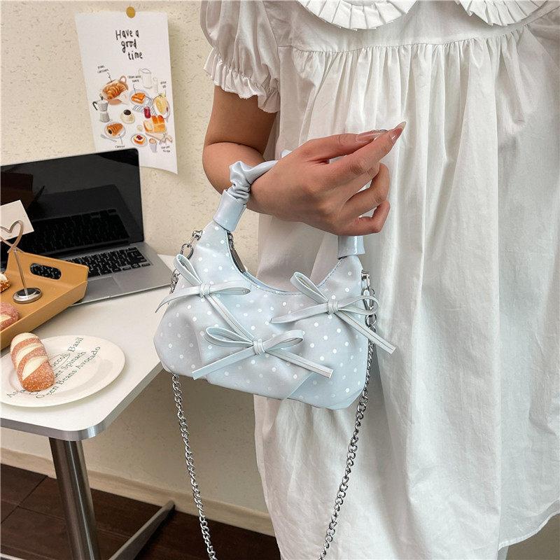 Korean-style niche pleated design handbag, fashiable and cute polka dot bow shoulder bag, high-appearance backpack for girls