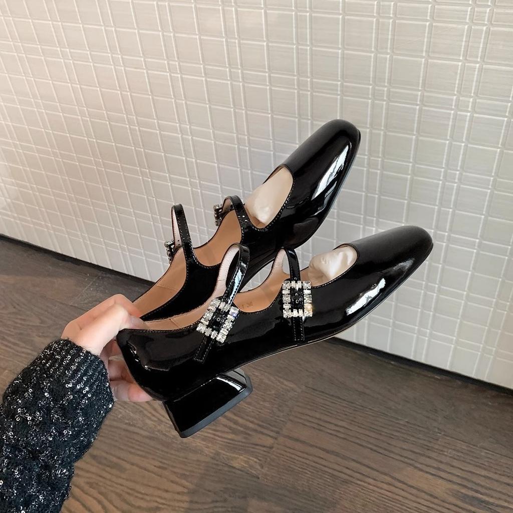 The Same Square Head Leather Rhinestone Buckle with Thick Heel Mary Jane Single Shoes Women's Wedding Shoes Patent Leather Red Leather Shoes