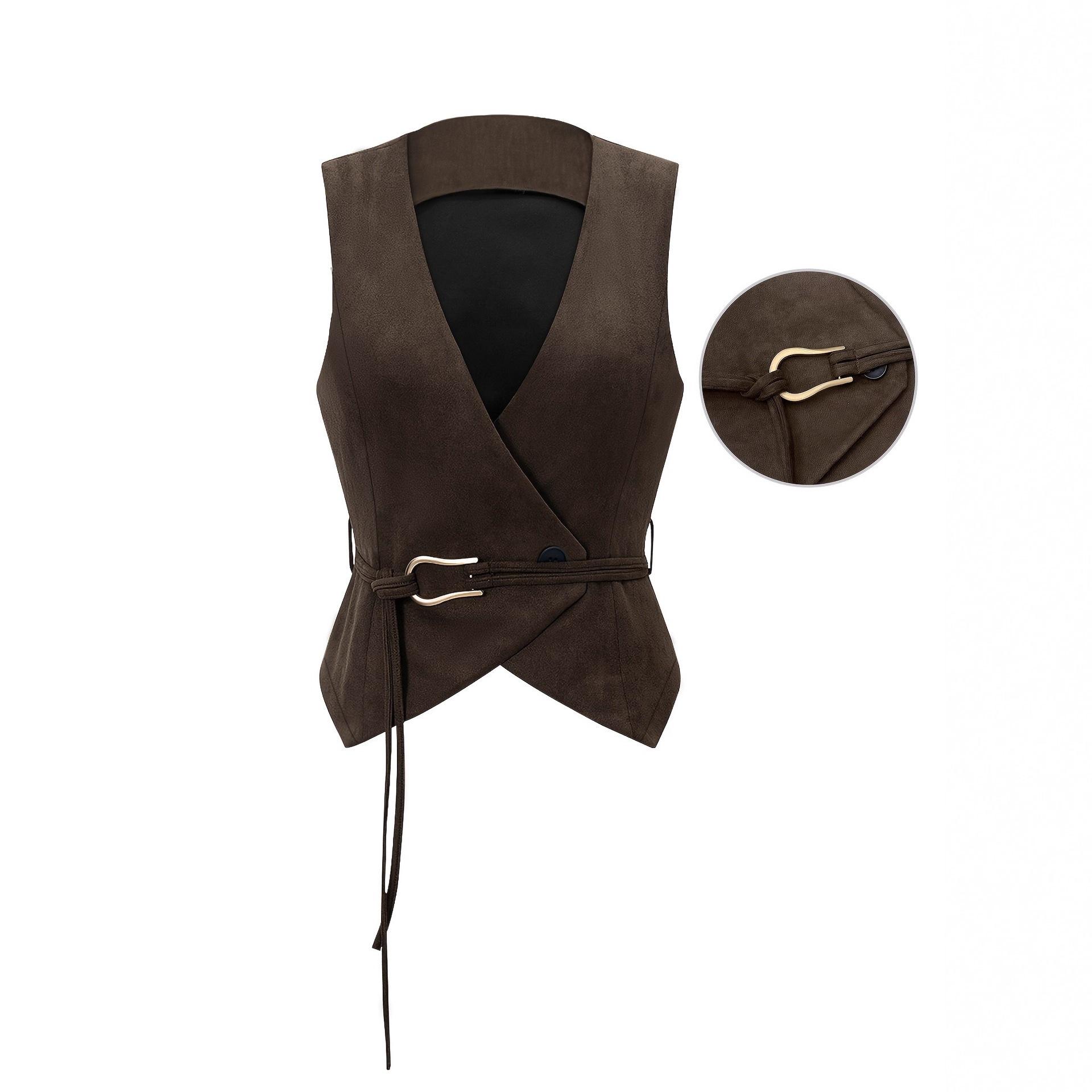 European and American spring and autumn models V-neck lace-up button-up suede vest top fashionable retro warm women s vest S