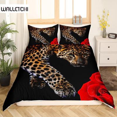 Leopardí povlak na přikrývku King Queen Full Gepardí ložní souprava Africká savana Zvířecí povlak na peřinu Růžový květ Polyesterový povlak na přikrývku