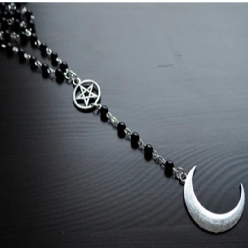 Gothic Long Pentagram Necklace, Bright Moon, Wiccan Pagan Rosary Rosary Black Beads