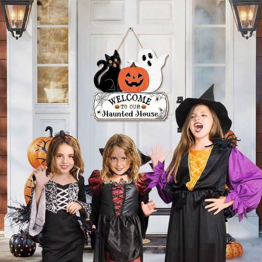 Wooden Spooky Halloween Welcome Door Sign Funny Cute Ghost Cat Pumpkin Hanger Wreath Creative Cartoon Wall Hanging Pendant