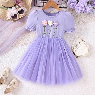 Girls Summer Sweet Short Sleeve Casual Dress 3d Flower Printed Mesh Dresses for Children