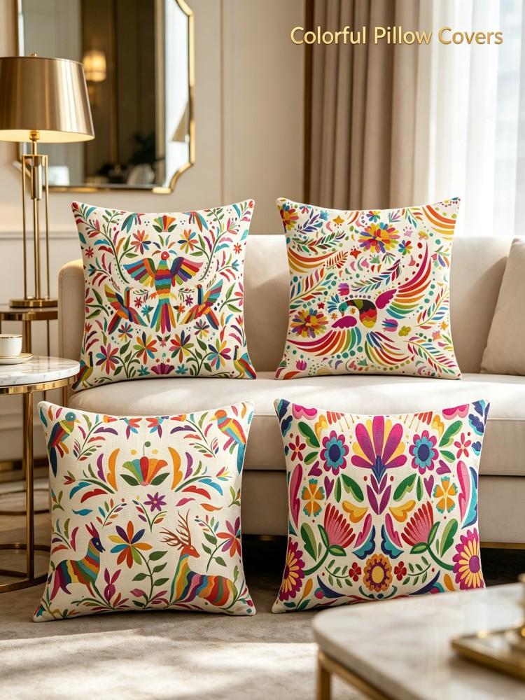 Mexican Otomi Floral Animal Pillow Covers Boho Ethnic Peachskin Cushion Cases For Sofa Livingroom Bedroom Home Decor