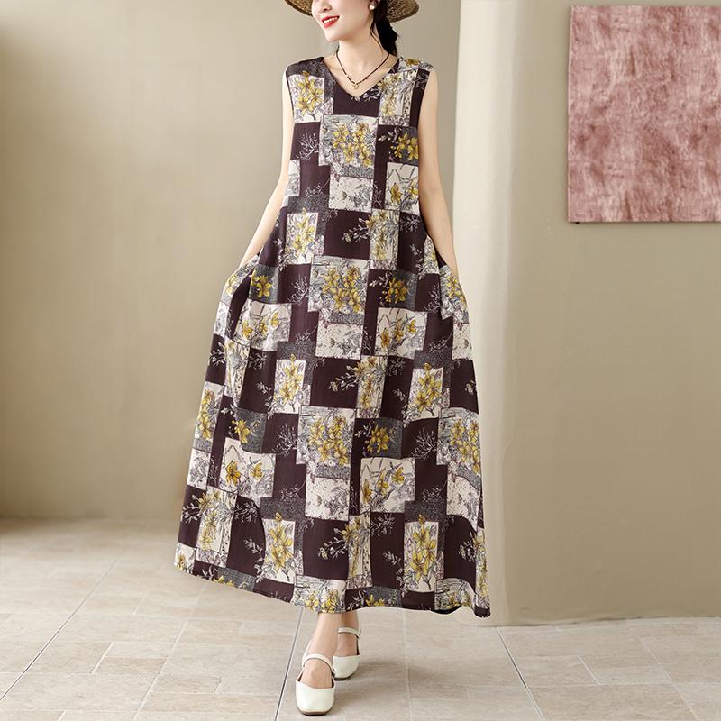 DIMANAF Nuevo 2026 Mujer Tallas Grandes Verano Playa Maxi Dama Vestido Largo Holgado Oversize Estampado Floral Vestido de Sol Ropa Chaleco Sin Mangas