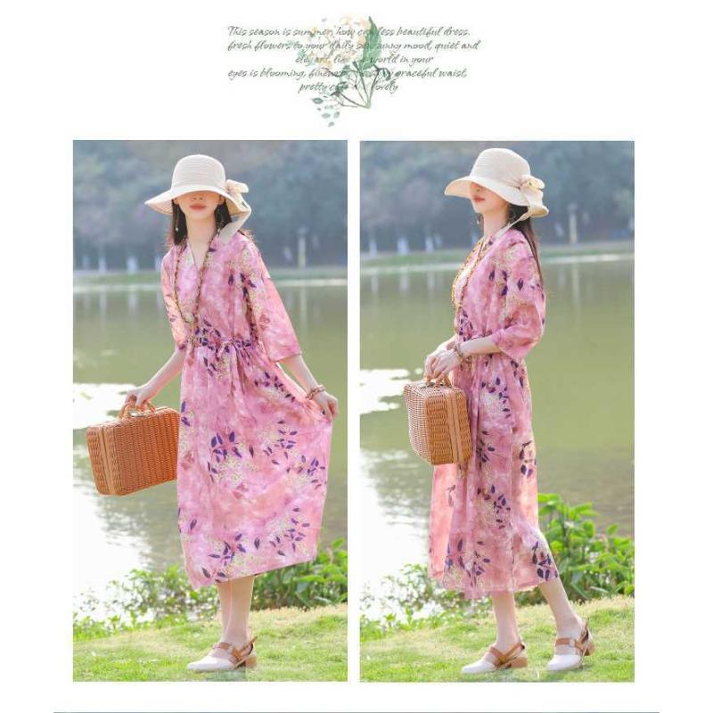 Übergröße V-Ausschnitt Langes Kleid Ethnischer Druck Schlitzärmel Lockere Taille Bindekleider