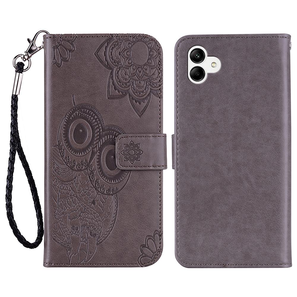 

Чехол для Samsung Galaxy A07 4G Кожаный чехол-кошелек с ремешком с тиснением в виде совы и цветов Grey