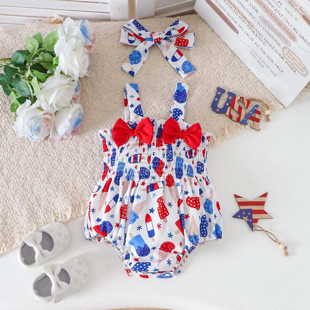 0 to 24 Months Baby Girls Smocked Spaghetti Strap Bodysuit Ice Cream Flag Print Summer Triangle Romper Newborn Infant Crawling Outfit
